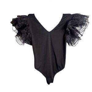 Black dark angel tulle sleeve leotard one piece balletcore goth